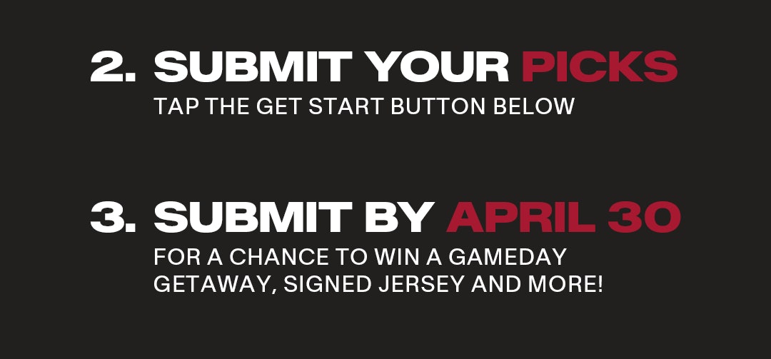 2 make your picks - tap the get started button below - 3 submit by april 30 for a chance to win a gameday getaway, signed jersey and more!