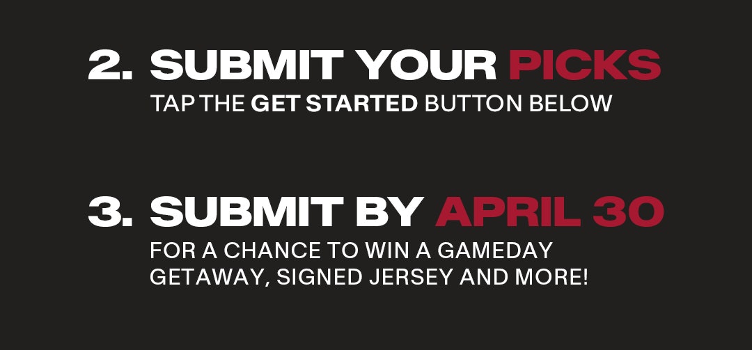 2 make your picks - tap the get started button below - 3 submit by april 30 for a chance to win a gameday getaway, signed jersey and more!